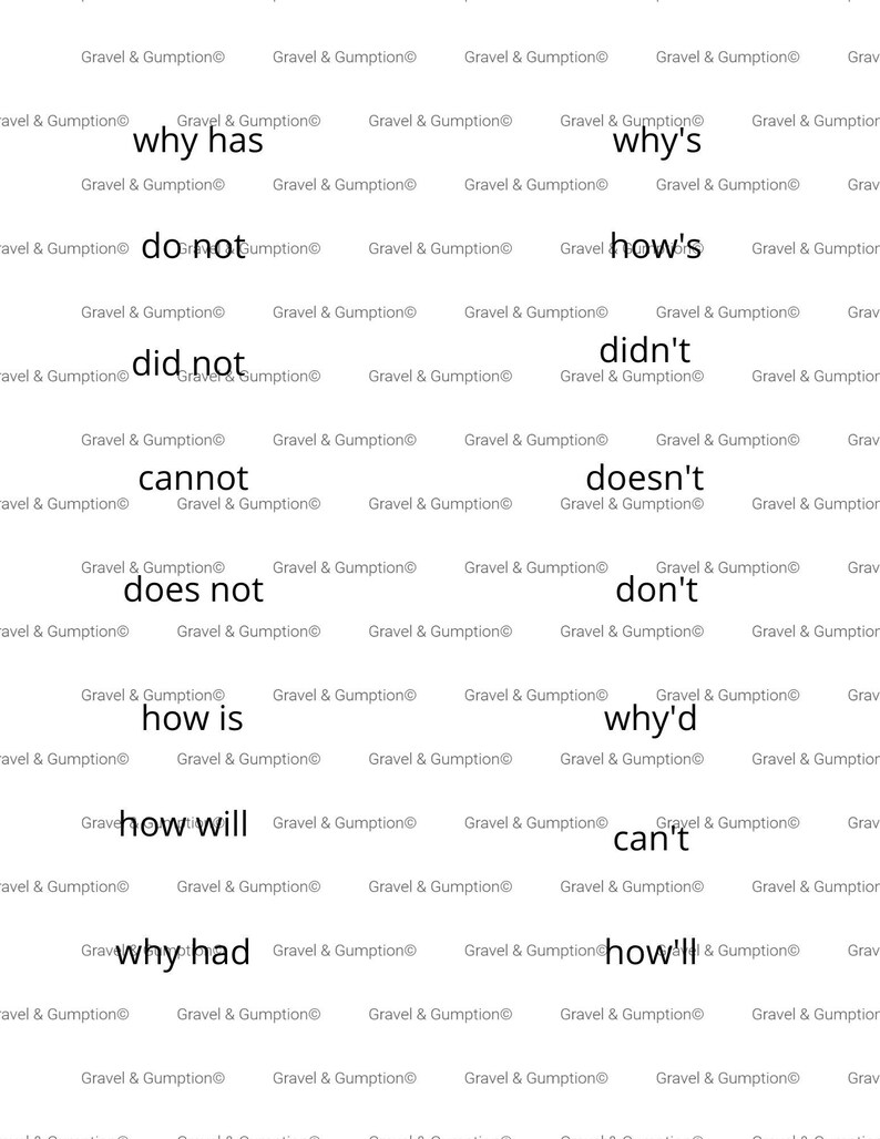 May include: A white educational chart featuring black text contractions including why has, why's, do not, how's, did not, didn't, cannot, doesn't, does not, don't, how is, why'd, how will, can't, why had, and how'll, with the repeating watermark Gravel & Gumption.