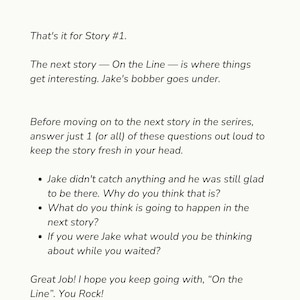 May include: A white educational worksheet titled Let's Review with a terracotta header and footer. The text includes a summary of Story #1, a transition to the next story On the Line, and three discussion questions about a character named Jake.
