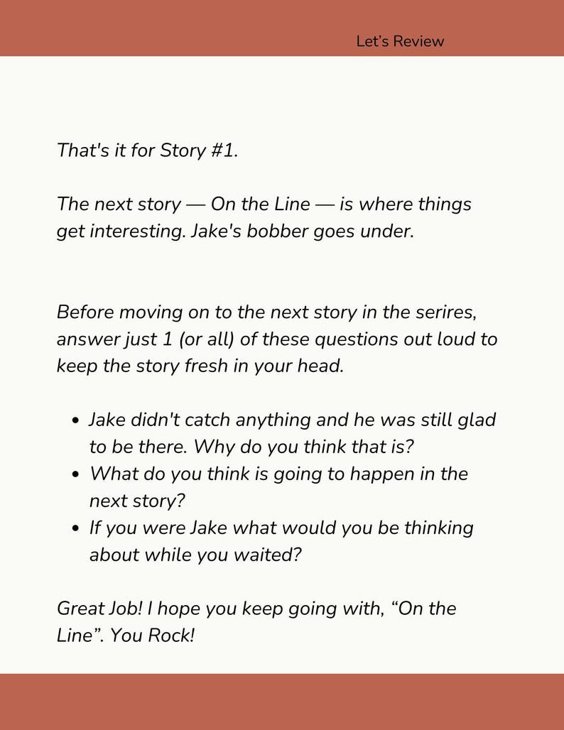May include: A white educational worksheet titled Let's Review with a terracotta header and footer. The text includes a summary of Story #1, a transition to the next story On the Line, and three discussion questions about a character named Jake.