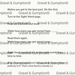 May include: A printed educational worksheet titled Beat Your Time Sight Word Sprint. The text includes instructions to turn to the sight word page, read 10 words aloud, record correct counts, and practice for fluency. Gravel & Gumption is watermarked.
