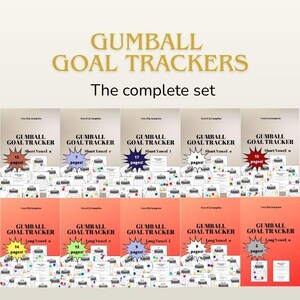 May include: A collection of Gumball Goal Trackers by Gravel & Gumption featuring over 100 pages. The set includes various educational workbooks focused on short and long vowels, each displaying a gumball machine graphic and page count.