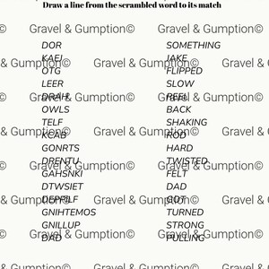 May include: A printable educational worksheet titled Fun Sight Word Activity with the instruction Draw a line from the scrambled word to its match. The page features two columns of words, including scrambled terms like DOR, KAEJ, OTG, LEER, and their matches.