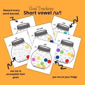 Goal Trackers, Short Vowel u words, Word families, Multi Sensory Learning, Dyslexia Homeschool Activity- 15 pages. PDF