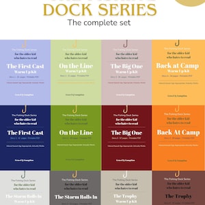 Puede incluir: Una colección digital titulada The Fishing Dock Series que incluye más de 400 páginas en doce portadas PDF imprimibles. Cada portada muestra un icono de anzuelo, el título de la serie, números de historia y la editorial Gravel & Gumption.