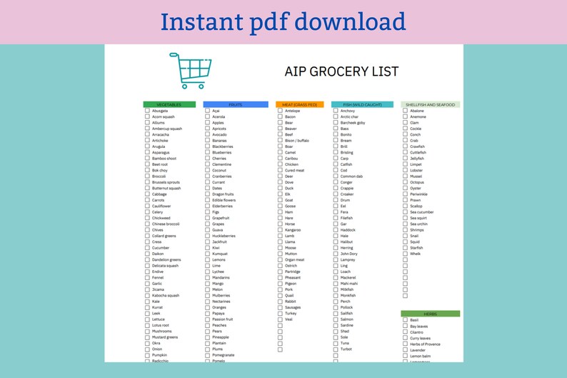 AIP Food List Printable Paleo Autoimmune Protocol Grocery | Etsy