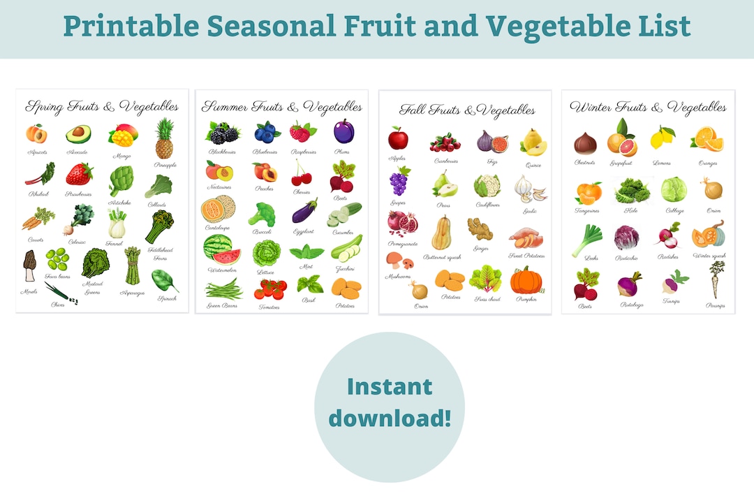 Seasonal Vegetable and Fruit List Printable Printable Wall Art Instant Pdf Download Etsy
