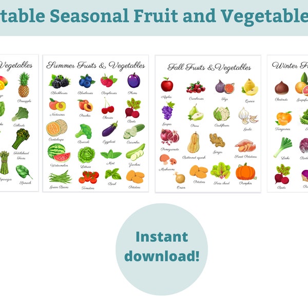 Seasonal Vegetable and Fruit List Printable | Printable Wall art | Instant Pdf Download