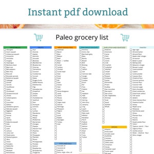 May include: A printable Paleo grocery list with checkboxes for various food categories, including vegetables, fruits, meat, seafood, and pantry items. The list is surrounded by a colorful border of fruits and vegetables.