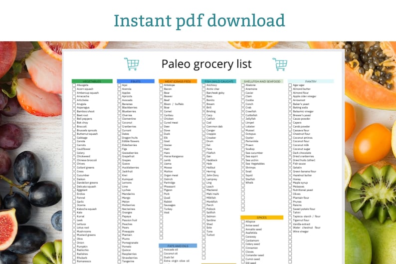 May include: A printable Paleo grocery list with checkboxes for various food categories, including vegetables, fruits, meat, seafood, and pantry items. The list is surrounded by a colorful border of fruits and vegetables.