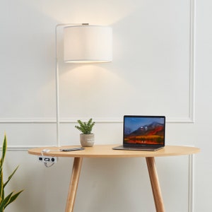 Modern Wood Home Office Desk with USB & Lamp | Oval Laptop Desk | Mid-Century Style Desk for Home School or Study | Minimalist Workspace