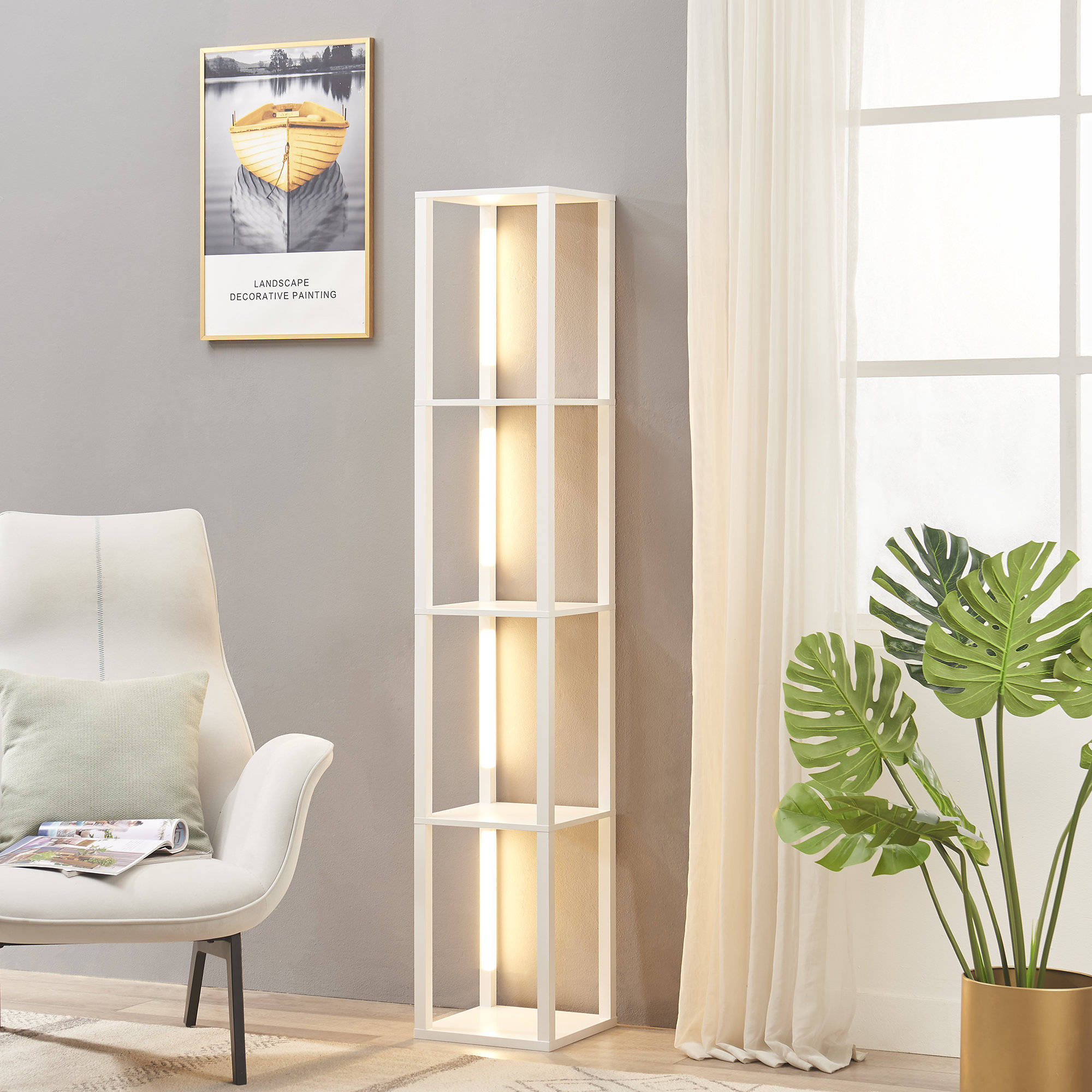 FENLO Fantasy Plus 66 Luxury Glass Display Shelf with Dimmable LED Floor  Lamps, Sturdy Curio Cabinet with Bookcase Display Shelves for Bedroom, Open