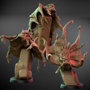 May include: Three detailed, brown fantasy creature sculptures with large wings and menacing features. Each creature is mounted on a stone-like pedestal, showcasing intricate textures and a dynamic pose. The sculptures are set against a dark background.