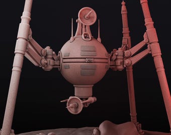 Peut inclure: Modèle de marcheur mécanique brun rougeâtre avec un corps sphérique et plusieurs jambes articulées. Le modèle présente des détails complexes, notamment des antennes et des composants circulaires. La base indique "RPGFIGURES.COM".
