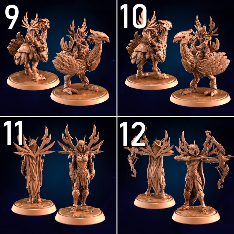May include: A collection of four miniature figurines. Two figurines depict a rider on a bird-like creature. The other two figurines are of armored figures, one with a bow and arrow. All are brown and stand on round bases.