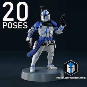 Puede incluir: Figura detallada de un personaje con armadura blanca y azul, sosteniendo dos blásters. La figura se encuentra sobre una base circular gris. El texto "20 POSES" se muestra arriba. El logotipo y el sitio web de Galactic Armory son visibles.