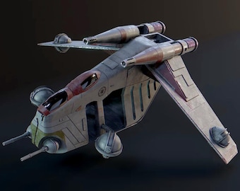 Peut inclure: Modèle détaillé d'un Republic Gunship, un vaisseau spatial fictif. Le vaisseau est principalement gris avec des accents rouges et jaunes. Il comporte deux gros moteurs, un cockpit et une paire de canons. Les ailes sont inclinées vers le bas.