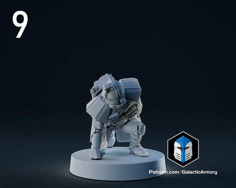 Op de afbeelding: Een lichtgrijze miniatuurfiguur van een futuristische gepantserde soldaat in een hurkende positie. De figuur staat op een cirkelvormige basis. Het nummer "9" staat in de linkerbovenhoek. Het logo en de website van Galactic Armory staan rechtsonder.