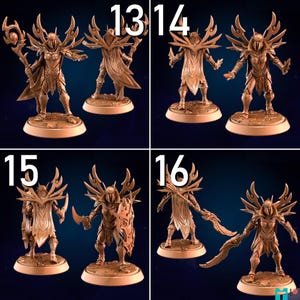 May include: A collection of six brown miniature fantasy figures, each depicting a warrior with elaborate armor and winged headgear. The figures are posed in various stances, some holding weapons like swords and staffs. The numbers 13, 14, 15, and 16 are visible.