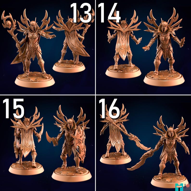 May include: A collection of six brown miniature fantasy figures, each depicting a warrior with elaborate armor and winged headgear. The figures are posed in various stances, some holding weapons like swords and staffs. The numbers 13, 14, 15, and 16 are visible.