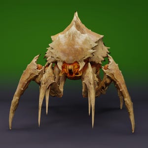 Puede incluir: Representación 3D detallada de una criatura monstruosa similar a un crustáceo. Presenta un exoesqueleto de color beige con bordes afilados y dentados, y múltiples patas largas y puntiagudas. La criatura tiene una boca amenazante con dientes afilados.