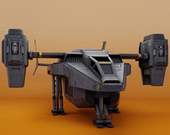 May include: A futuristic, gray spacecraft with two large, rectangular engines on either side of the main body. The craft has a cockpit with angled windows and yellow accents. The landing gear is visible, and the background is a solid orange color.
