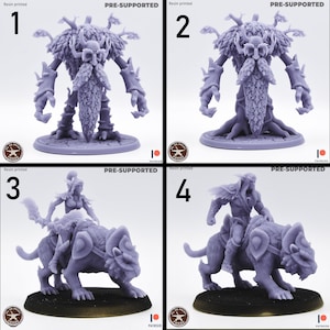 May include: Four 3D printed miniatures, two of a tree creature with a beard and two of a warrior riding a panther. The miniatures are pre-supported and ready to be painted.