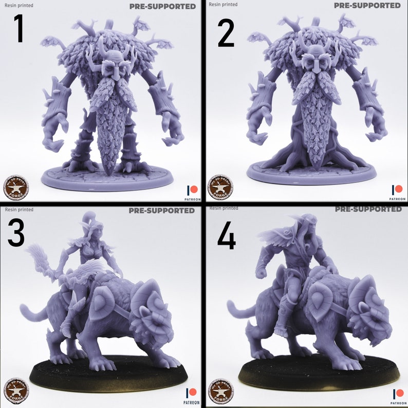 May include: Four 3D printed miniatures, two of a tree creature with a beard and two of a warrior riding a panther. The miniatures are pre-supported and ready to be painted.
