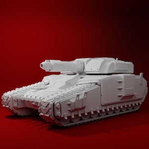 Puede incluir: Modelo de tanque futurista blanco con un cañón grande y un diseño de orugas detallado. El tanque está sobre un fondo rojo, mostrando su diseño angular y estructura general. El modelo parece ser una representación 3D.