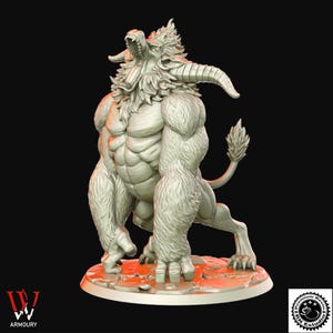 May include: A detailed, light-coloured figurine of a mythical creature with a muscular torso, furry limbs, and horns. The creature is posed with its mouth open, revealing teeth. The base is a textured, reddish-orange colour. The logo "WW Armory" is visible.