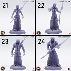 May include: Four 3D printed miniature figures of a humanoid character with pointed ears, wearing a long robe and holding a spear. The figures are labeled 21, 22, 23, and 24. Each figure is on a round base. The figures are pre-supported and resin printed.