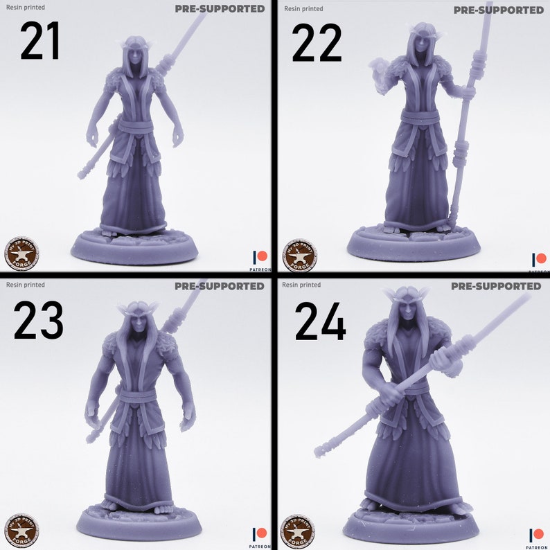 May include: Four 3D printed miniature figures of a humanoid character with pointed ears, wearing a long robe and holding a spear. The figures are labeled 21, 22, 23, and 24. Each figure is on a round base. The figures are pre-supported and resin printed.
