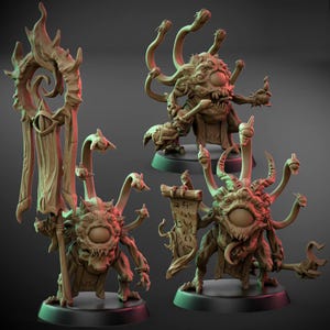 May include: Three brown fantasy miniatures of monstrous creatures, each with multiple eyes, tentacles, and a threatening appearance. One figure holds a staff with a banner, another a scroll, and the third a weapon. All are on black bases.