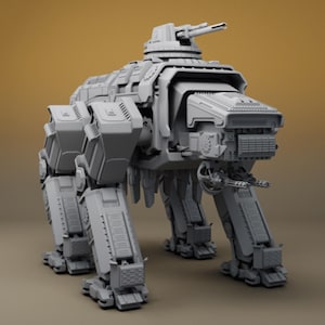 Könnte beinhalten: Ein graues, mechanisches vierbeiniges Fahrzeug mit einem Turm und mehreren Geschützstellungen. Das Fahrzeug hat einen kastenförmigen Körper und gegliederte Beine, was auf ein futuristisches oder Science-Fiction-Thema hindeutet. Der Hintergrund ist einfarbig und neutral.