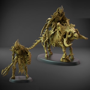 Puede incluir: Dos miniaturas de fantasía detalladas, color hueso. Una figura de pie sosteniendo un arma, mientras que la otra es un jinete esquelético sobre una bestia con cuernos. Ambas sobre bases circulares negras, sobre un fondo oscuro. Las figuras tienen intrincados detalles esqueléticos.