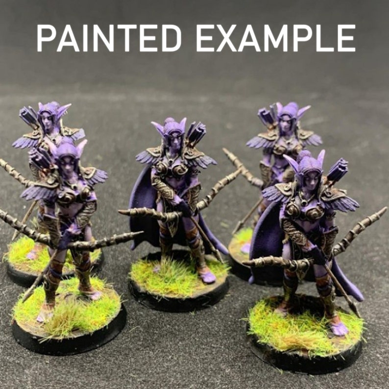 May include: Five painted miniature figures of female elves with purple and brown clothing, holding bows and arrows. The figures are standing on green bases.