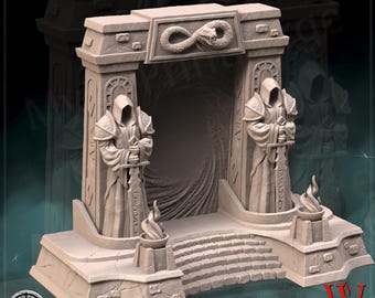 May include: A beige fantasy gateway with two robed figures holding swords. The archway features a serpent emblem and a swirling portal. Small torches flank the steps leading to the portal, creating a dramatic scene.