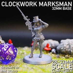 Tiratore scelto meccanico / Miniatura di cecchino steampunk stampata in 3D / Modello in resina da 28–32 mm per giochi di ruolo da tavolo e schermaglie