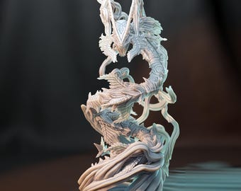 May include: A detailed, white sculpture of a mythical dragon with intricate leaf and vine-like details. The dragon's head is at the top, with a long, winding body and base. The sculpture has a textured surface and is set against a dark background.