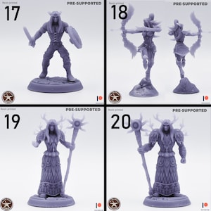 May include: Four 3D printed miniature figures, pre-supported for printing. The figures are a warrior with a sword and shield, a female archer, and two figures with antlers and staffs. The figures are printed in a light gray color.