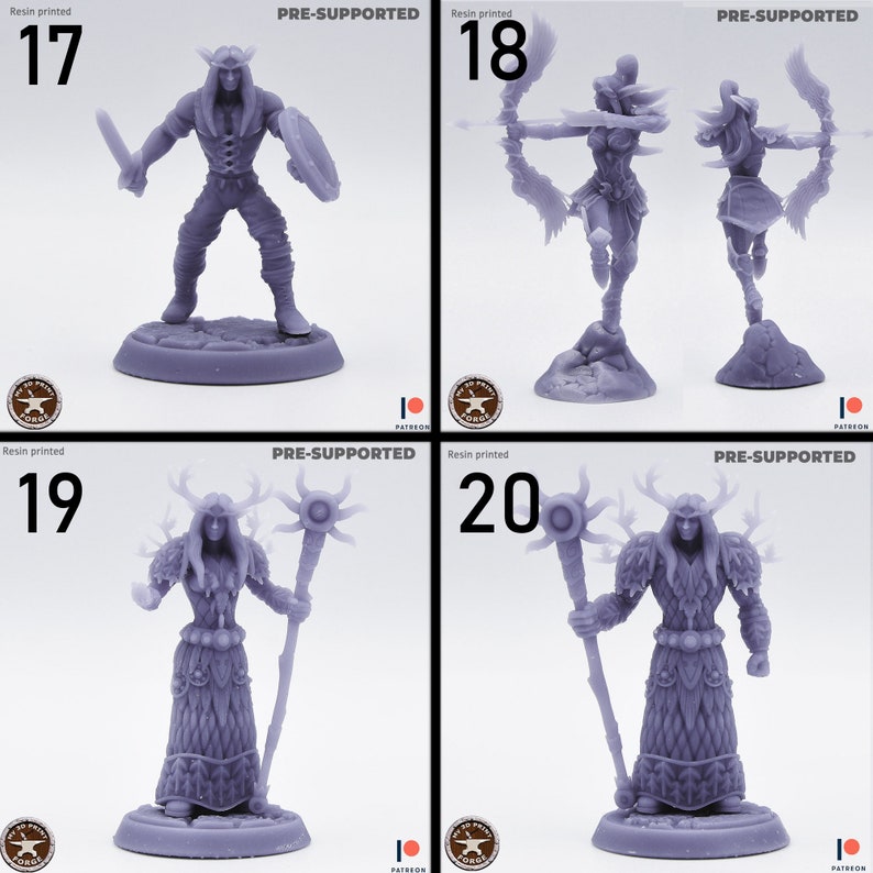 May include: Four 3D printed miniature figures, pre-supported for printing. The figures are a warrior with a sword and shield, a female archer, and two figures with antlers and staffs. The figures are printed in a light gray color.