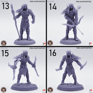 May include: Four 3D printed miniature figures of elves, each with a different weapon and pose. The figures are pre-supported and ready to be painted. The figures are numbered 13, 14, 15, and 16.