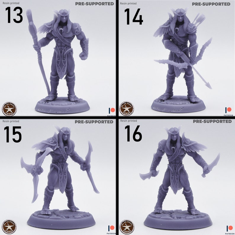 May include: Four 3D printed miniature figures of elves, each with a different weapon and pose. The figures are pre-supported and ready to be painted. The figures are numbered 13, 14, 15, and 16.