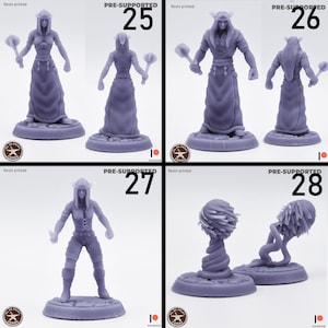 May include: Four resin printed miniatures, two female elf figures, one male elf figure, and two plant-like figures. The miniatures are pre-supported and labeled with numbers 25, 26, 27, and 28.