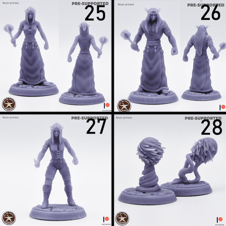 May include: Four resin printed miniatures, two female elf figures, one male elf figure, and two plant-like figures. The miniatures are pre-supported and labeled with numbers 25, 26, 27, and 28.