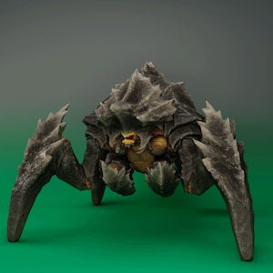 Puede incluir: Modelo 3D detallado de una criatura parecida a un crustáceo. El modelo presenta un exoesqueleto gris texturizado con protuberancias afiladas y puntiagudas. La parte inferior tiene un tono amarillo-marrón y la criatura tiene múltiples patas.