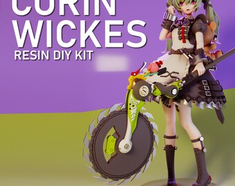 May include: A green-haired anime character with a maid outfit and a large, circular saw weapon. The character is holding the weapon in one hand and has a teddy bear strapped to their back. The text "CORIN WICKES RESIN DIY KIT" is visible in the background.