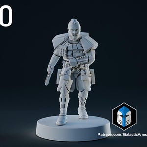 Op de afbeelding: Een gedetailleerd, lichtgrijs beeldje van een futuristische soldaat, die een wapen vasthoudt. De figuur staat op een witte, cirkelvormige basis. Het nummer "10" staat linksboven. Het Galactic Armory-logo en de website staan rechtsonder.