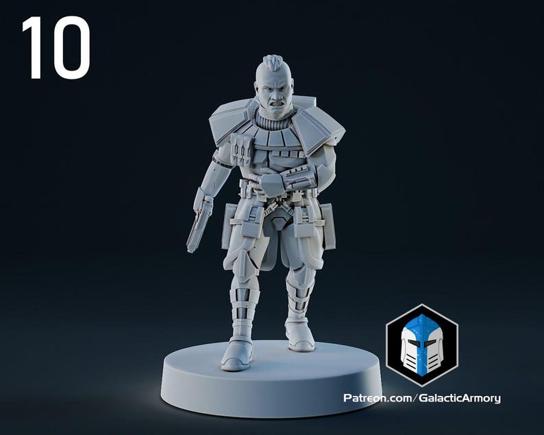 Op de afbeelding: Een gedetailleerd, lichtgrijs beeldje van een futuristische soldaat, die een wapen vasthoudt. De figuur staat op een witte, cirkelvormige basis. Het nummer "10" staat linksboven. Het Galactic Armory-logo en de website staan rechtsonder.
