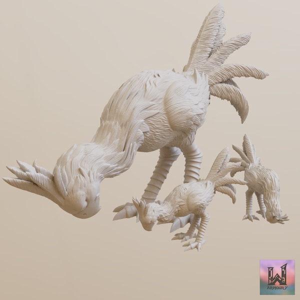 Chocobo Family (50mm Base) - RNEstudio Miniature - FF Style Tabletop RPG Dungeons and Dragons