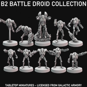 Peut inclure: Collection de figurines de table B2 Battle Droid. Les droïdes gris sont dans diverses poses, certains debout, certains avec des armes, et un émergeant d'un nuage de fumée. Le texte "B2 BATTLE DROID COLLECTION" et "TABLETOP MINIATURES - LICENSED FROM GALACTIC ARMOREY" sont affichés.